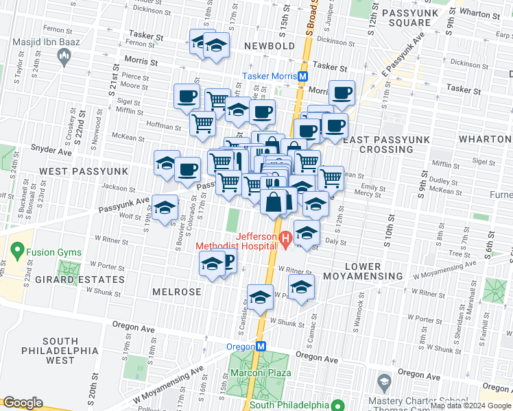 map of restaurants, bars, coffee shops, grocery stores, and more near 2121 South Carlisle Street in Philadelphia