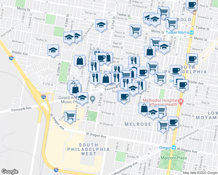 map of restaurants, bars, coffee shops, grocery stores, and more near 2217 South Woodstock Street in Philadelphia