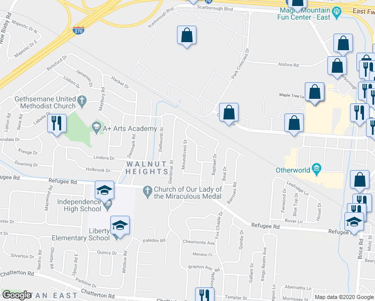 map of restaurants, bars, coffee shops, grocery stores, and more near 2701 Mellowbrook Street in Columbus