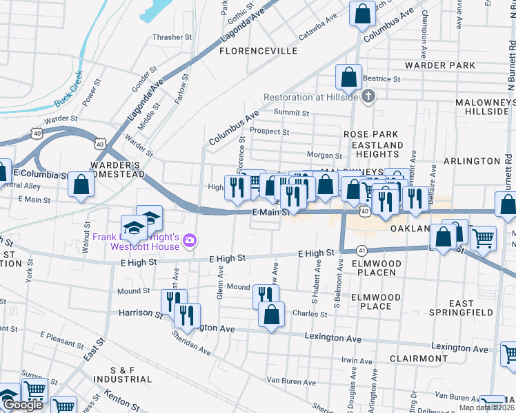 map of restaurants, bars, coffee shops, grocery stores, and more near 1567 Highland Avenue in Springfield