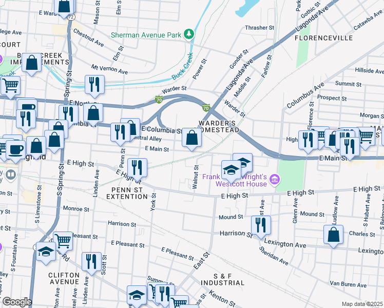 map of restaurants, bars, coffee shops, grocery stores, and more near 832 East Main Street in Springfield