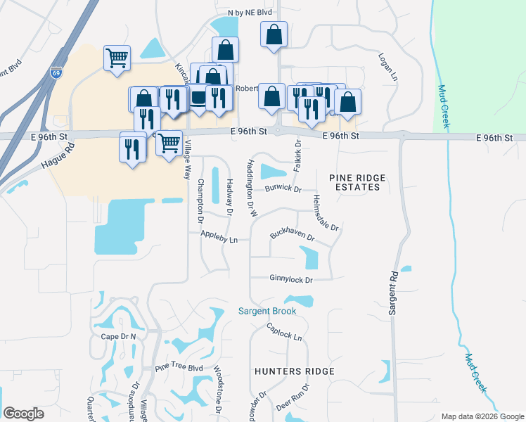 map of restaurants, bars, coffee shops, grocery stores, and more near 8750 Powderhorn Way in Indianapolis