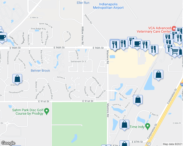 map of restaurants, bars, coffee shops, grocery stores, and more near 9373 Colony Pointe East Drive in Indianapolis