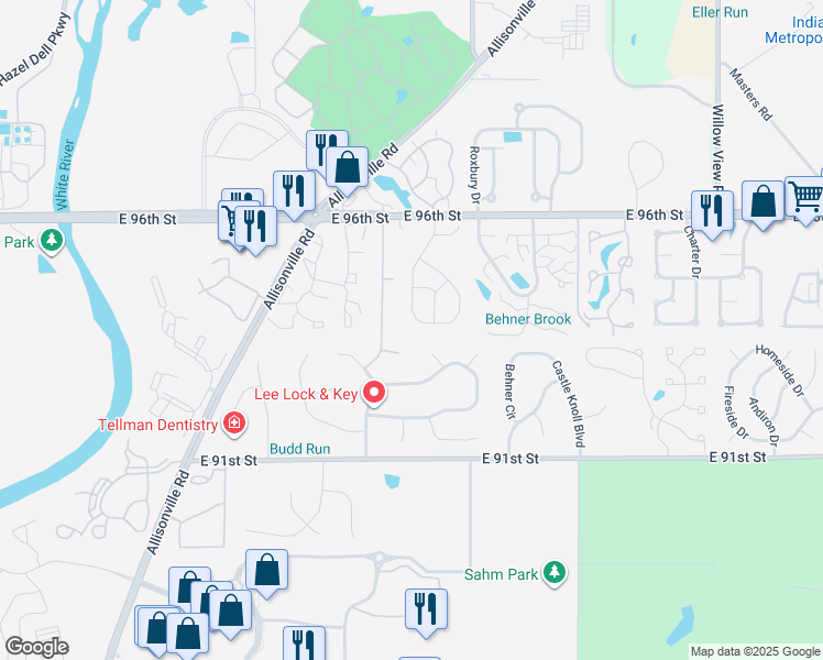 map of restaurants, bars, coffee shops, grocery stores, and more near 6102 Aspen Grove Drive in Indianapolis