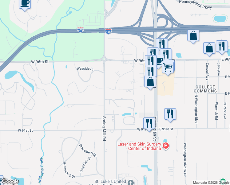 map of restaurants, bars, coffee shops, grocery stores, and more near 234 Pine Drive in Indianapolis