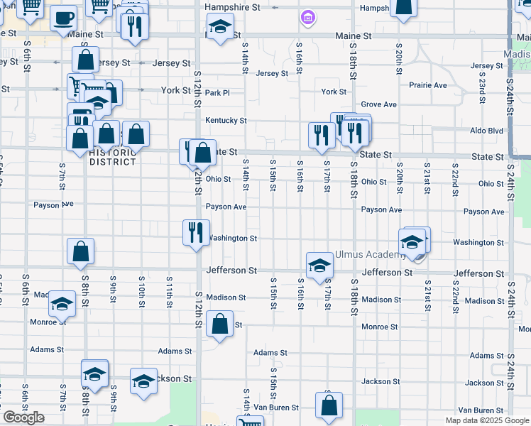 map of restaurants, bars, coffee shops, grocery stores, and more near 636 South 15th Street in Quincy
