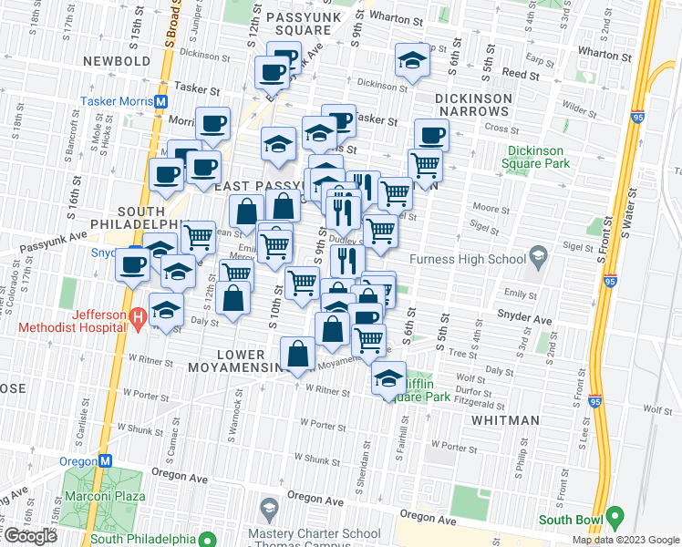 map of restaurants, bars, coffee shops, grocery stores, and more near 2025 South Mildred Street in Philadelphia