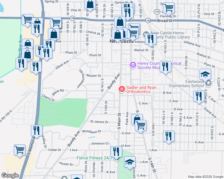 map of restaurants, bars, coffee shops, grocery stores, and more near 803 South Main Street in New Castle