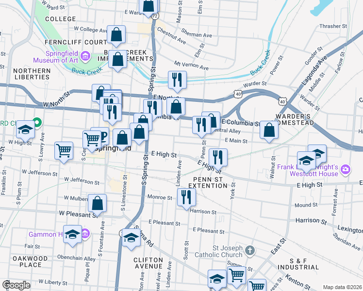 map of restaurants, bars, coffee shops, grocery stores, and more near 411 East Main Street in Springfield