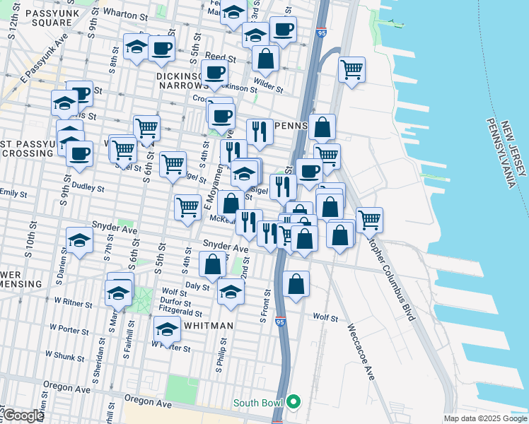 map of restaurants, bars, coffee shops, grocery stores, and more near 134 Hoffman Street in Philadelphia