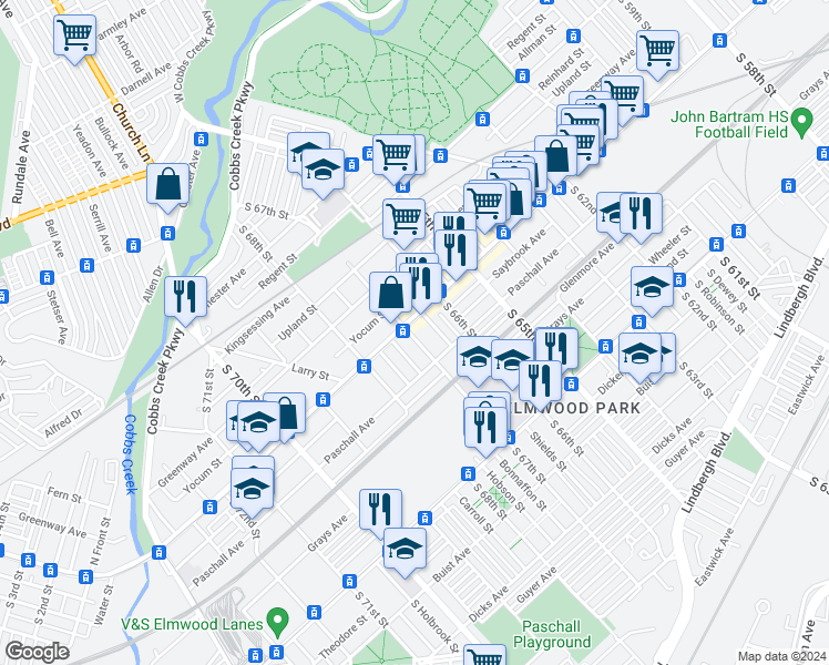 map of restaurants, bars, coffee shops, grocery stores, and more near 6634 Woodland Avenue in Philadelphia