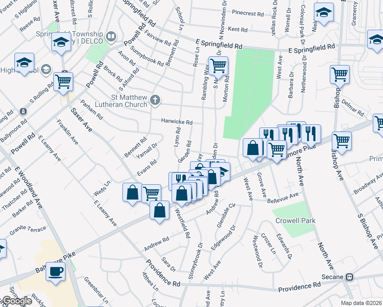 map of restaurants, bars, coffee shops, grocery stores, and more near 276 Rambling Way in Springfield