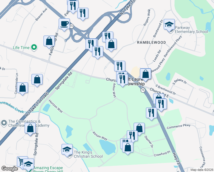 map of restaurants, bars, coffee shops, grocery stores, and more near 4140 Church Road in Mount Laurel Township