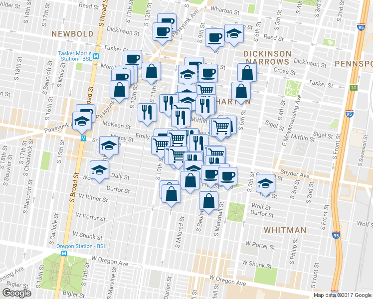 map of restaurants, bars, coffee shops, grocery stores, and more near 2034 South Darien Street in Philadelphia
