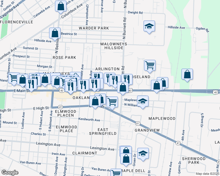 map of restaurants, bars, coffee shops, grocery stores, and more near 2420 E Main St in Springfield
