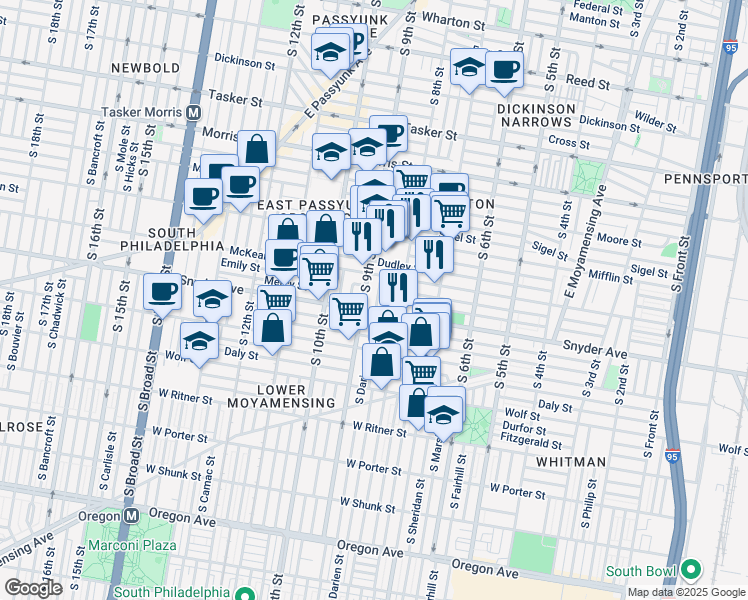 map of restaurants, bars, coffee shops, grocery stores, and more near 2034 South Darien Street in Philadelphia
