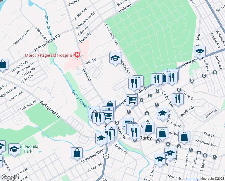 map of restaurants, bars, coffee shops, grocery stores, and more near 1220 Berkley Road in Darby
