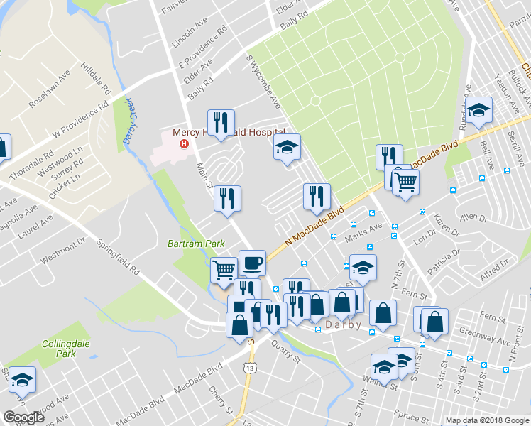 map of restaurants, bars, coffee shops, grocery stores, and more near 1210 Berkley Road in Darby