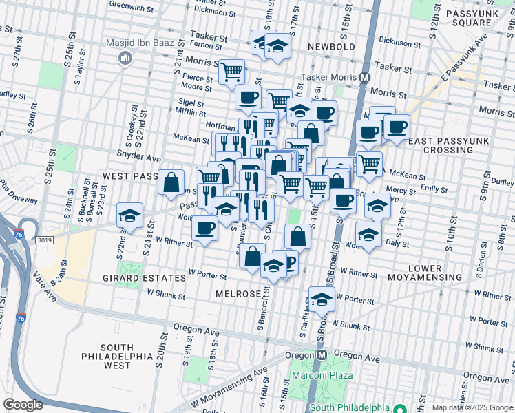 map of restaurants, bars, coffee shops, grocery stores, and more near 1710 Jackson Street in Philadelphia