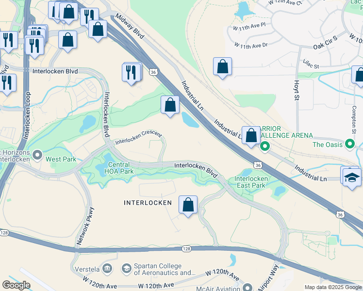 map of restaurants, bars, coffee shops, grocery stores, and more near 380 Interlocken Crescent in Broomfield