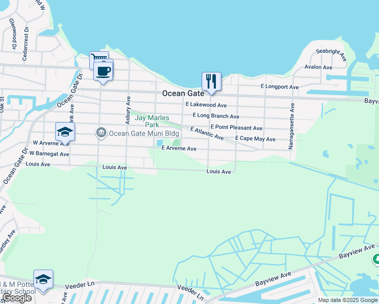 map of restaurants, bars, coffee shops, grocery stores, and more near 318 East Arverne Avenue in Ocean Gate