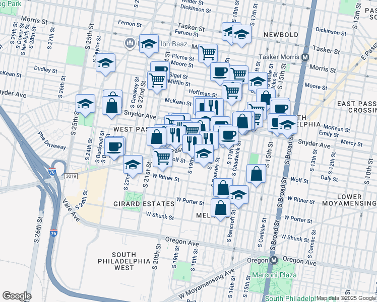 map of restaurants, bars, coffee shops, grocery stores, and more near 2207 South Garnet Street in Philadelphia