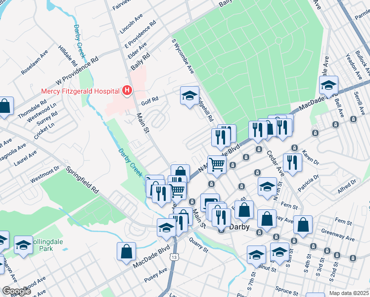 map of restaurants, bars, coffee shops, grocery stores, and more near 1210 Berkley Road in Darby