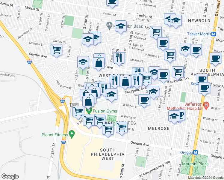 map of restaurants, bars, coffee shops, grocery stores, and more near 2251 South 22nd Street in Philadelphia