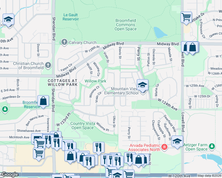 map of restaurants, bars, coffee shops, grocery stores, and more near 12495 Vrain Circle in Broomfield
