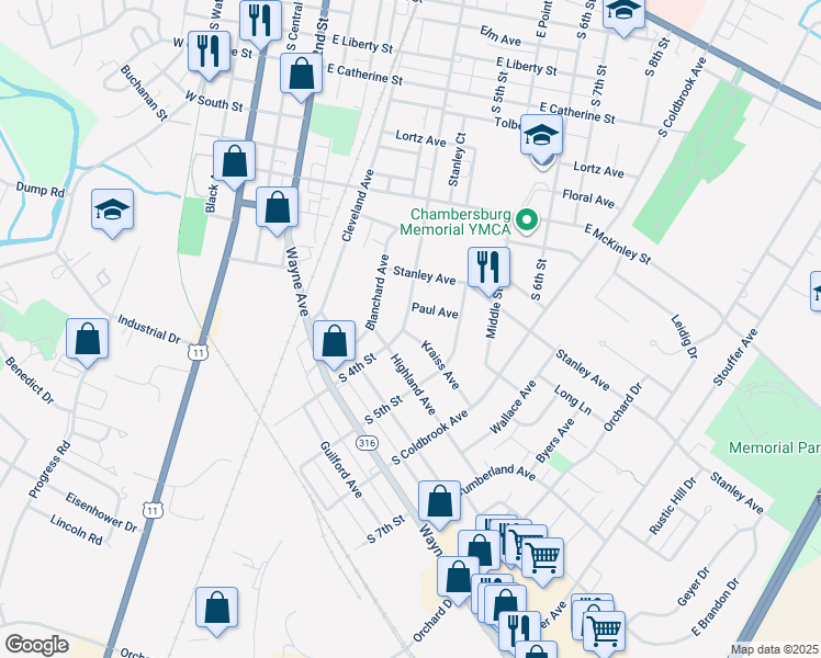 map of restaurants, bars, coffee shops, grocery stores, and more near 407 Kraiss Avenue in Chambersburg