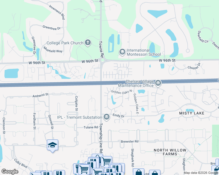map of restaurants, bars, coffee shops, grocery stores, and more near 2318 Golden Oaks North in Indianapolis