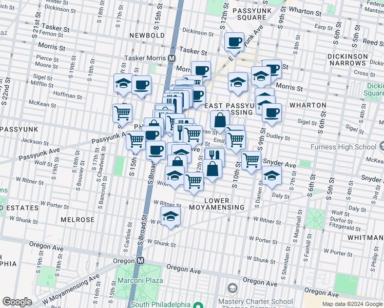 map of restaurants, bars, coffee shops, grocery stores, and more near 2109 South Iseminger Street in Philadelphia