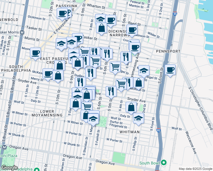 map of restaurants, bars, coffee shops, grocery stores, and more near 524 McKean Street in Philadelphia