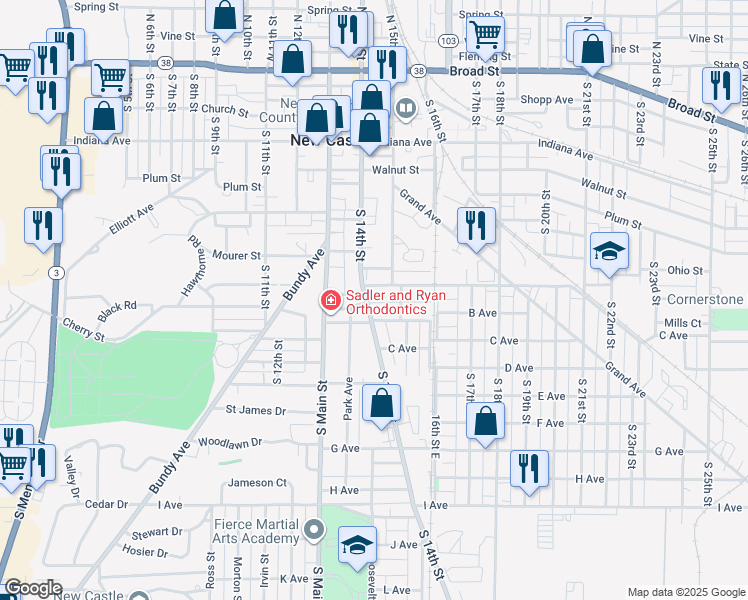 map of restaurants, bars, coffee shops, grocery stores, and more near 820 South 14th Street in New Castle