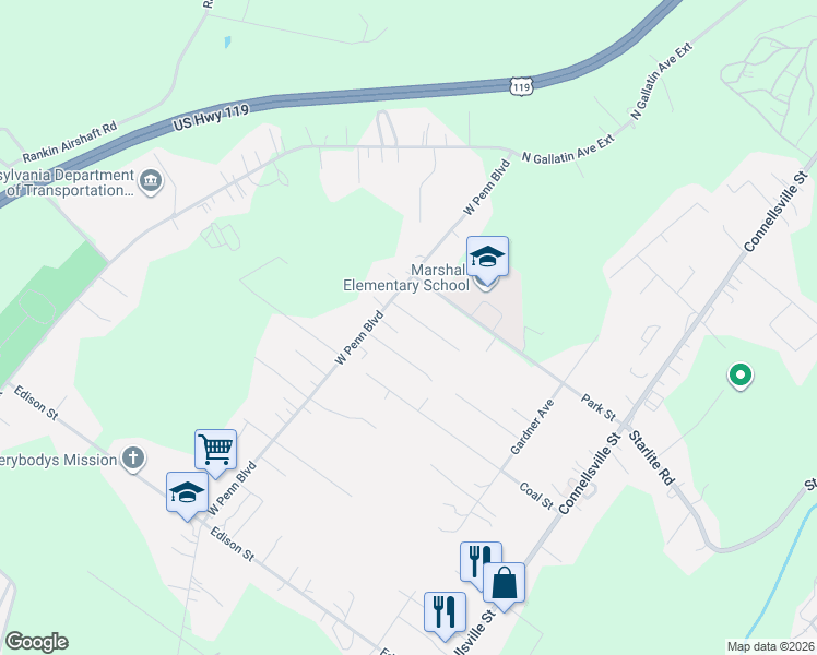 map of restaurants, bars, coffee shops, grocery stores, and more near 110 General Drive in Uniontown
