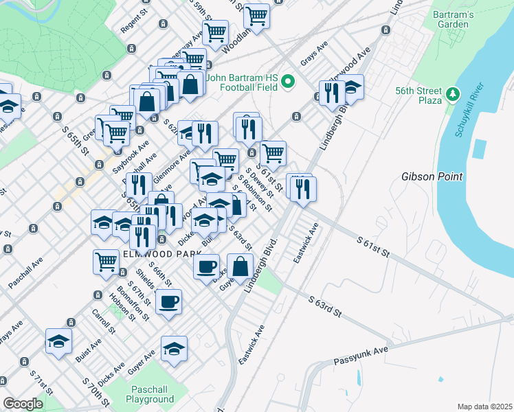 map of restaurants, bars, coffee shops, grocery stores, and more near 2561 South 62nd Street in Philadelphia