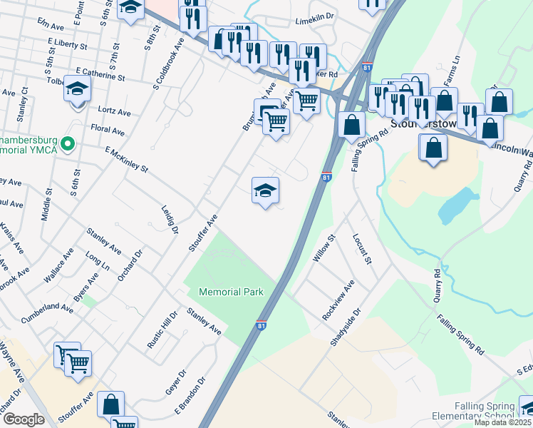 map of restaurants, bars, coffee shops, grocery stores, and more near 1151 East McKinley Street in Chambersburg