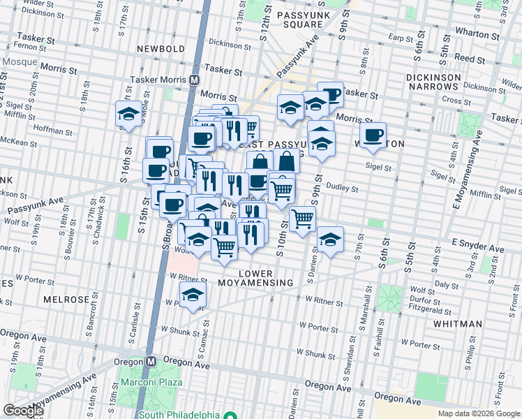 map of restaurants, bars, coffee shops, grocery stores, and more near Snyder Avenue & South 11th Street in Philadelphia