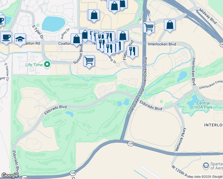 map of restaurants, bars, coffee shops, grocery stores, and more near 721 Eldorado Boulevard in Broomfield