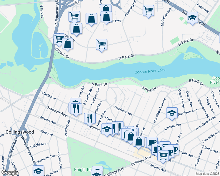 map of restaurants, bars, coffee shops, grocery stores, and more near 274 Garfield Avenue in Collingswood