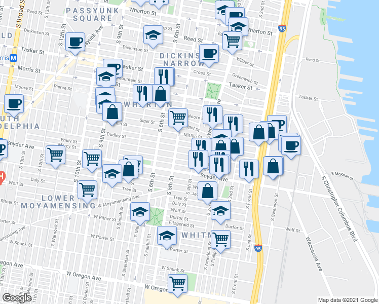 map of restaurants, bars, coffee shops, grocery stores, and more near 308 Mifflin Street in Philadelphia
