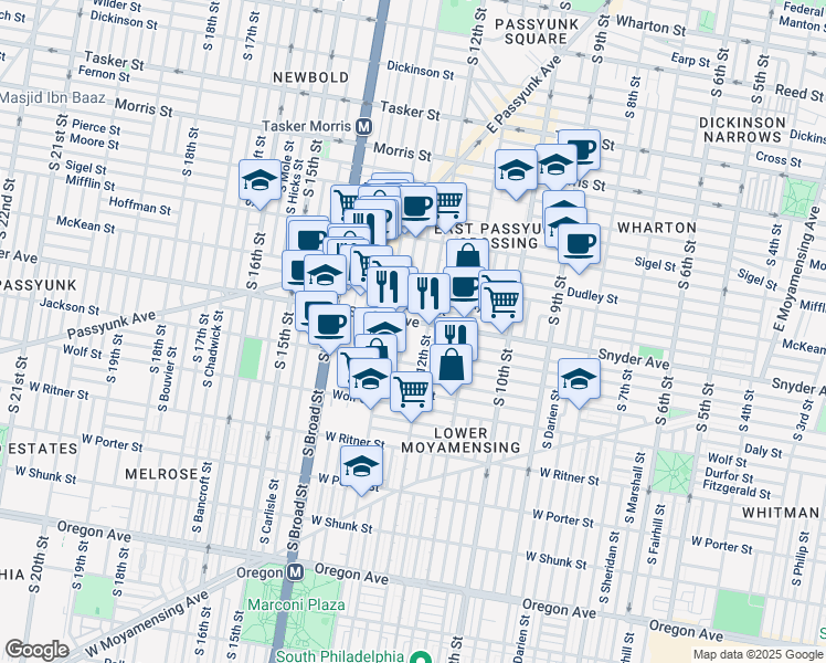 map of restaurants, bars, coffee shops, grocery stores, and more near 1215 Snyder Avenue in Philadelphia