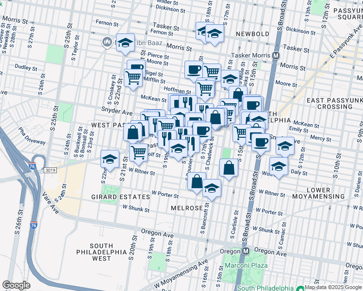 map of restaurants, bars, coffee shops, grocery stores, and more near 1813 Tree Street in Philadelphia