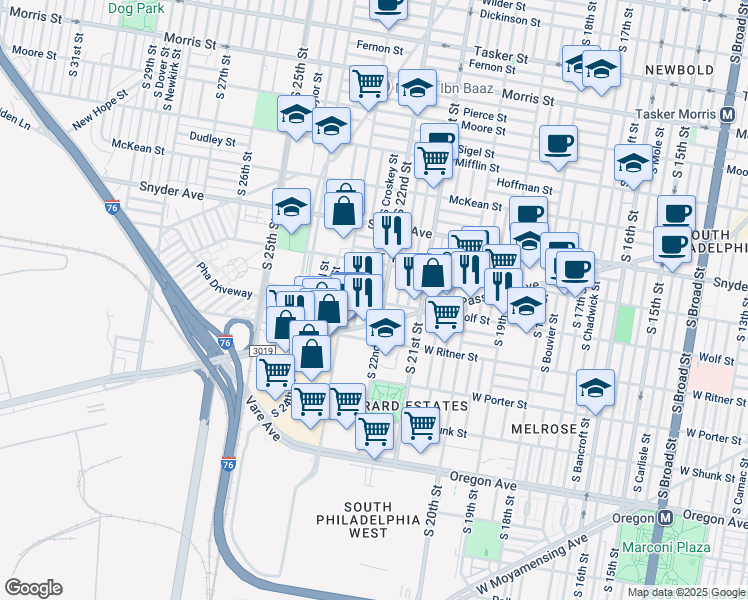 map of restaurants, bars, coffee shops, grocery stores, and more near 2233 South 22nd Street in Philadelphia