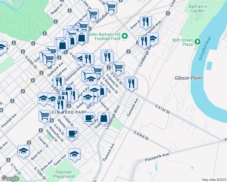 map of restaurants, bars, coffee shops, grocery stores, and more near 2622 South Dewey Street in Philadelphia