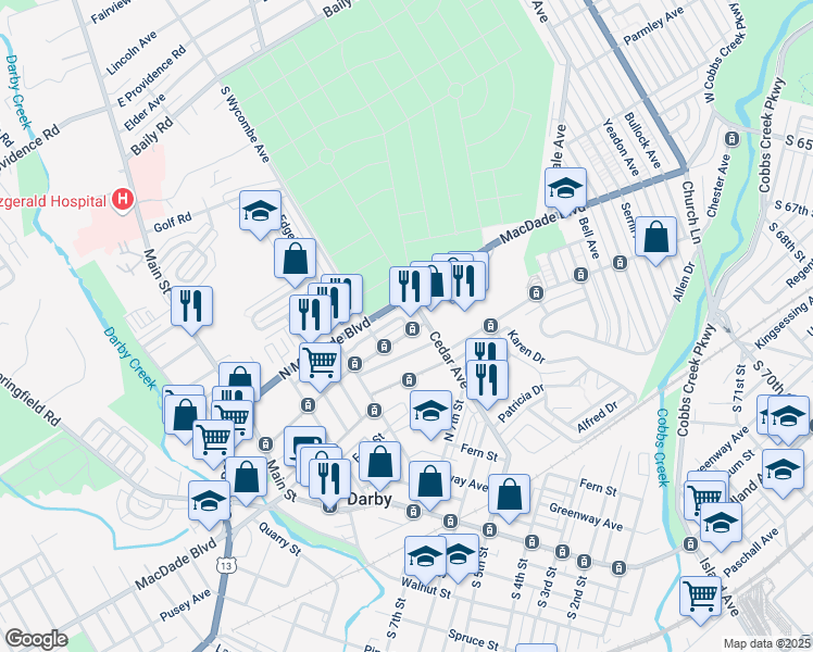map of restaurants, bars, coffee shops, grocery stores, and more near 337 Mulberry Street in Darby
