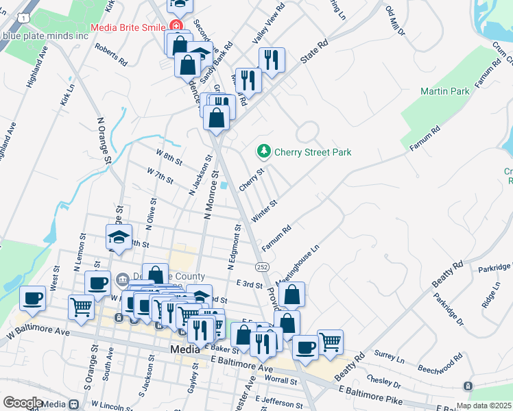 map of restaurants, bars, coffee shops, grocery stores, and more near 604 Summer Street in Media