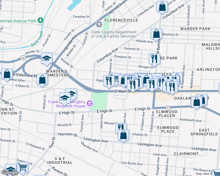 map of restaurants, bars, coffee shops, grocery stores, and more near 1567 Highland Avenue in Springfield