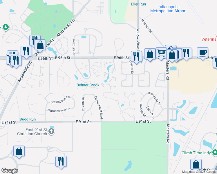 map of restaurants, bars, coffee shops, grocery stores, and more near 6488 Watham Court in Indianapolis