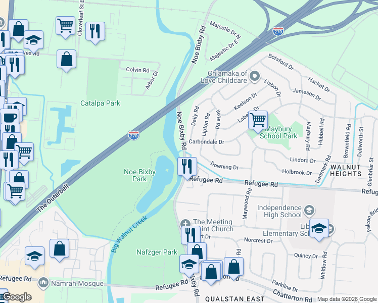 map of restaurants, bars, coffee shops, grocery stores, and more near 2586 Noe Bixby Road in Columbus